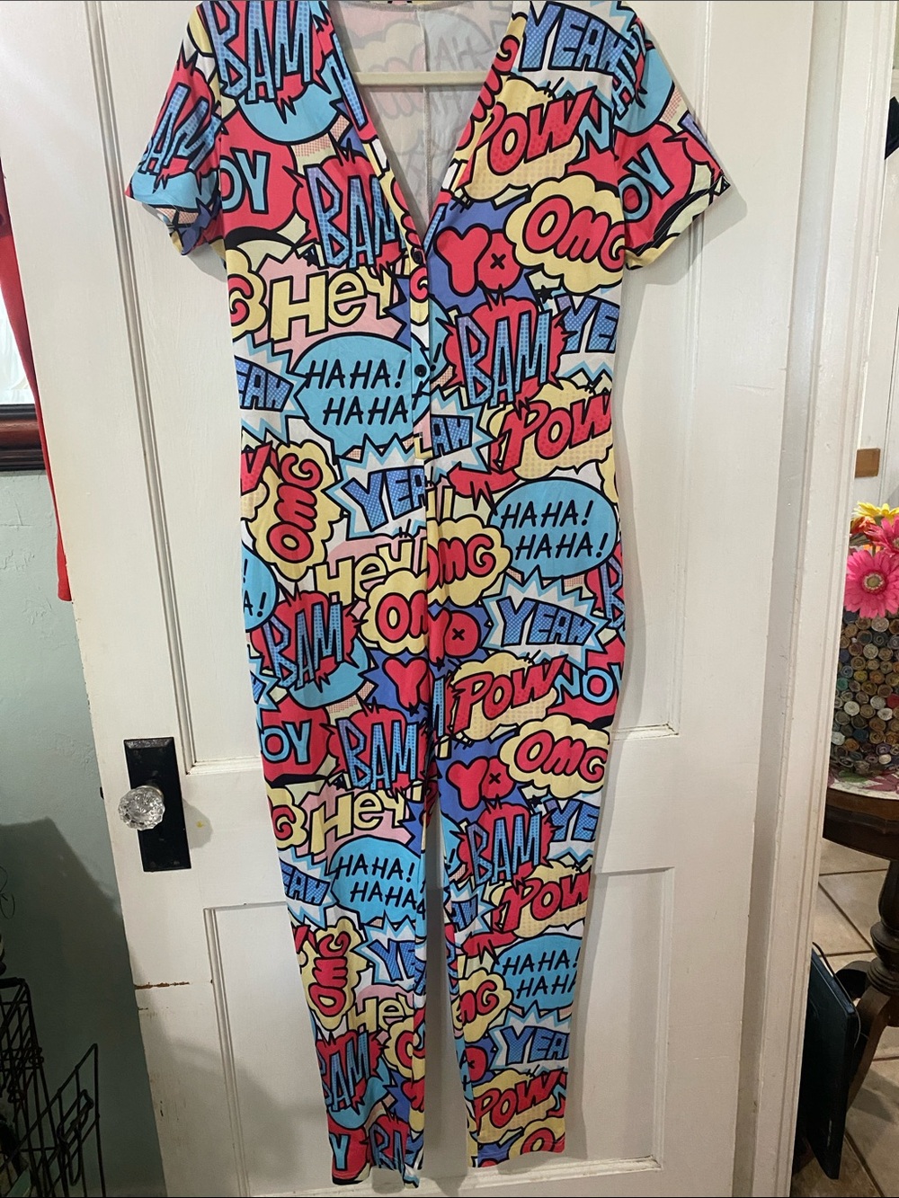 Comic Pop-Graphic Women's Footed Onesie - Blue Multi